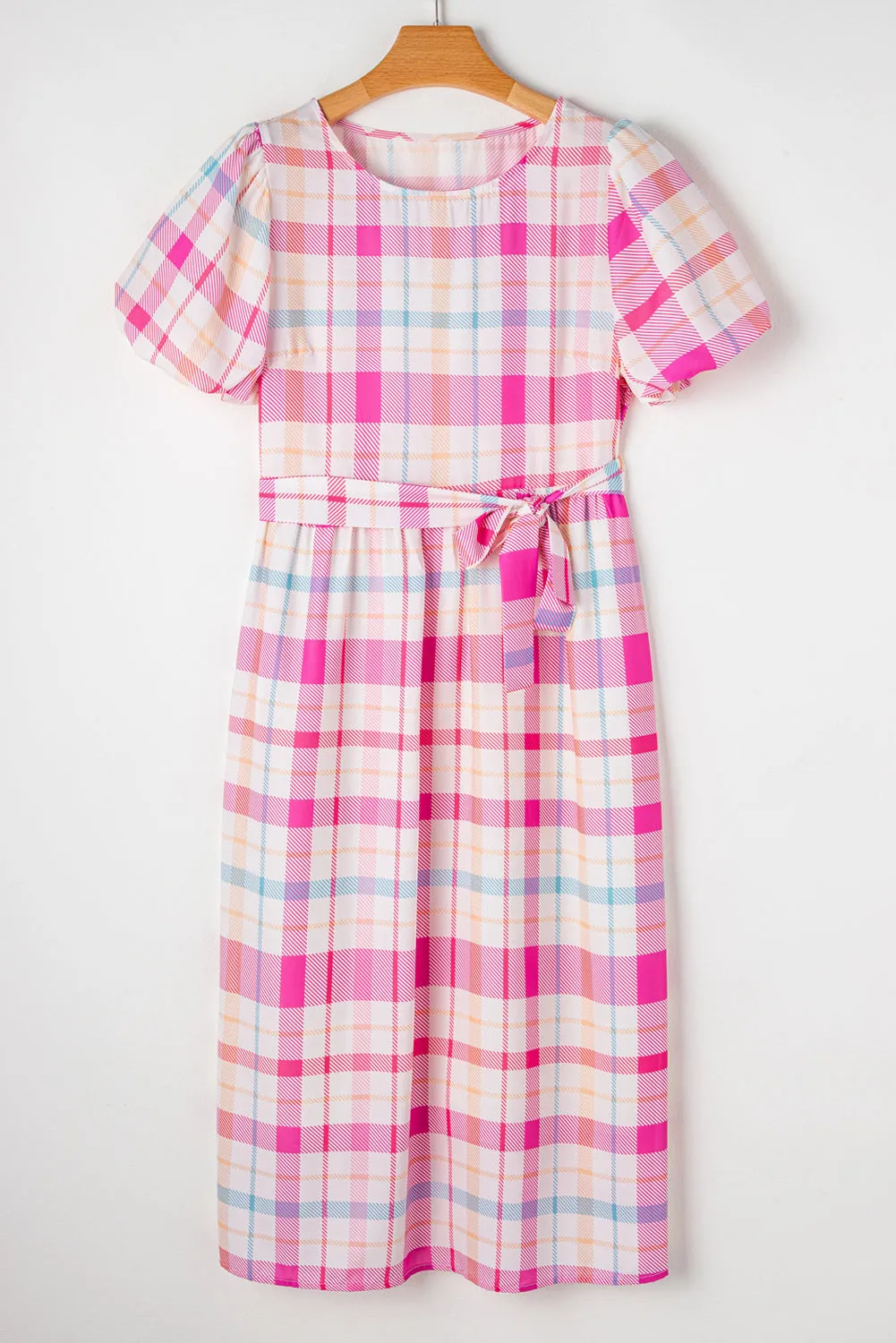 Pink Checkered Puff Sleeve Belted Midi Dress