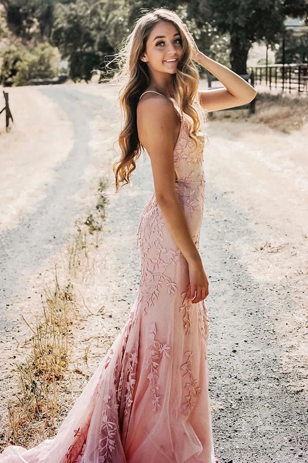 Pink Lace Mermaid Backless Prom Formal Dress