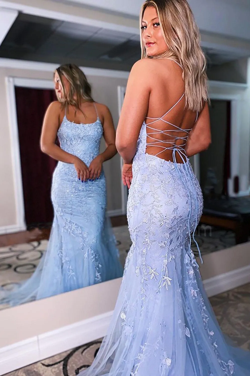 Pink Lace Mermaid Backless Prom Formal Dress