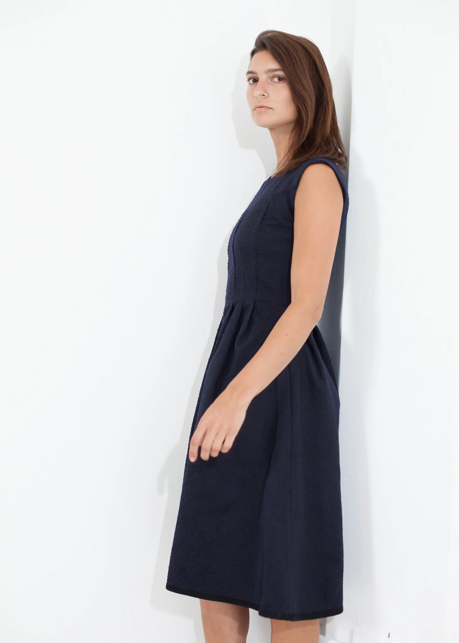 Pleated Rita Dress in Dark Navy -UEB