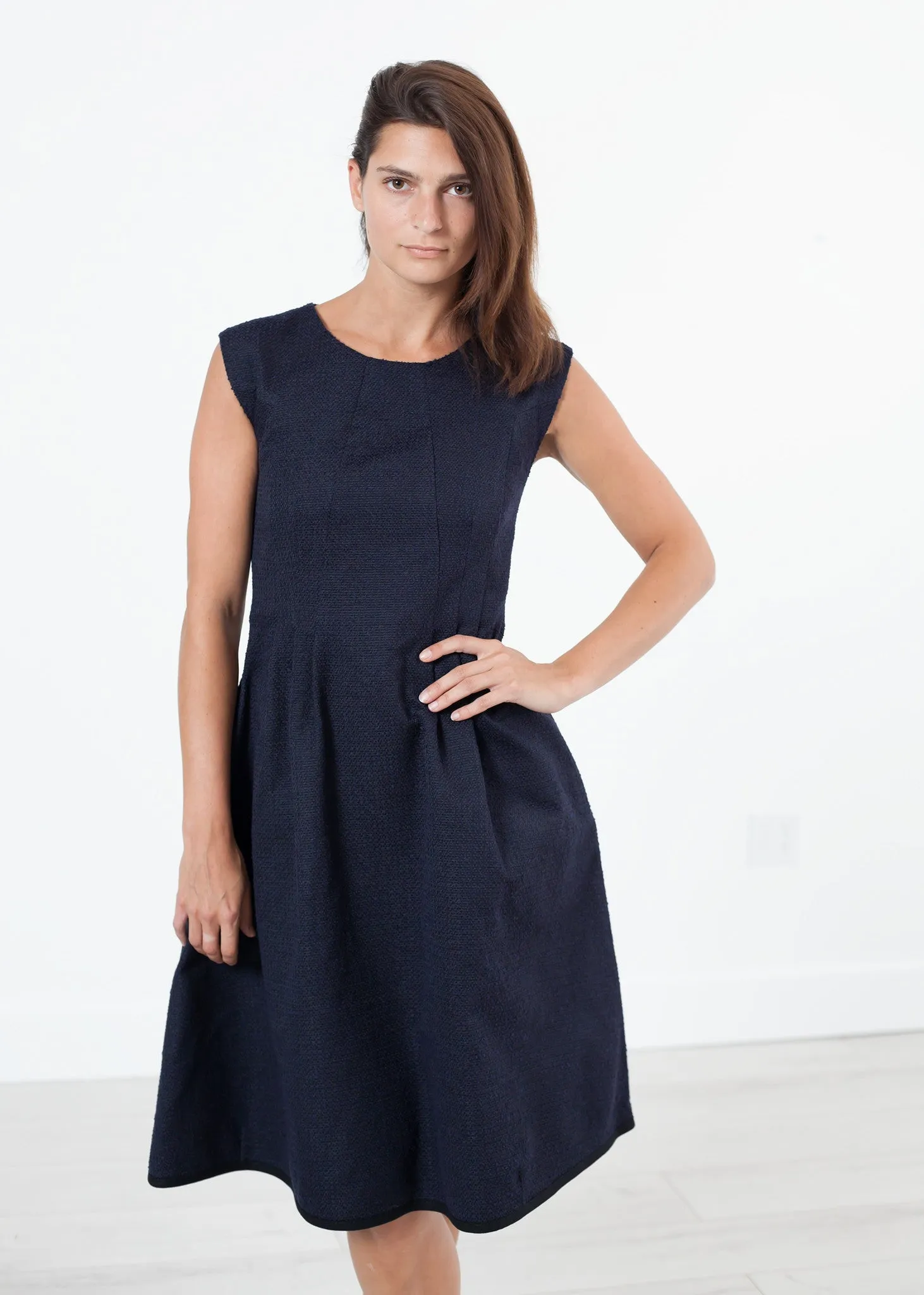 Pleated Rita Dress in Dark Navy -UEB