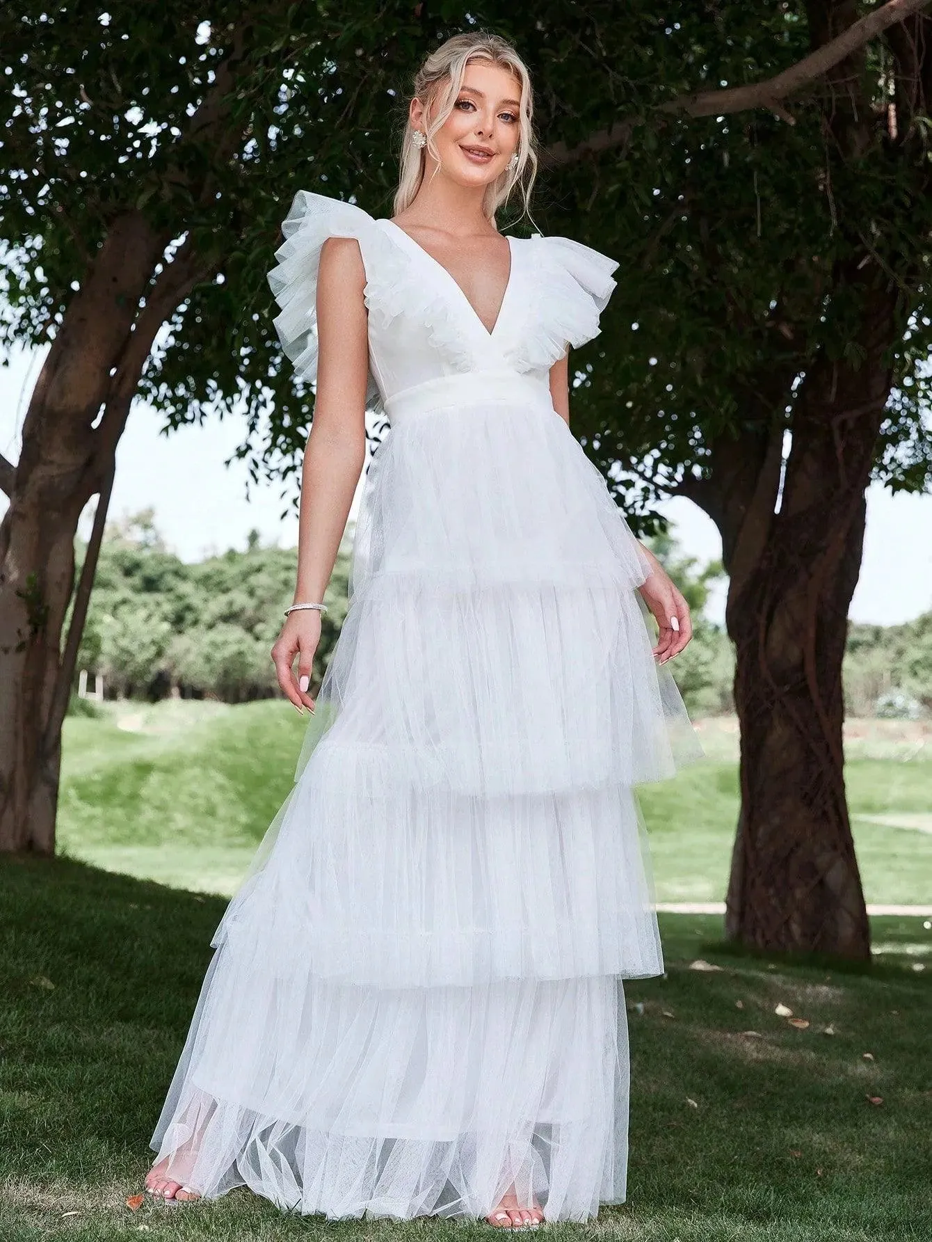 Plunging Neck Backless Ruffle Trim Mesh Wedding Dress