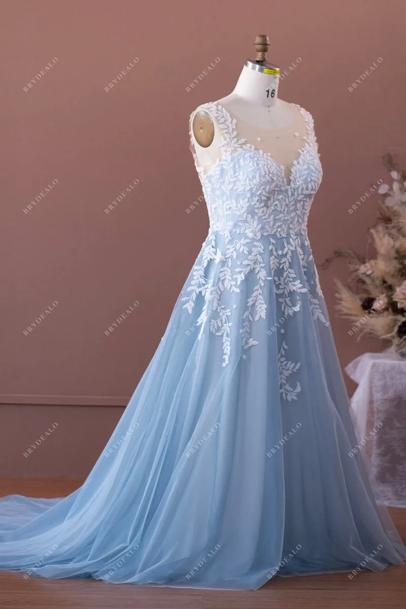 Plus Size Beaded Lace Designer Dusty Blue Tulle Wedding Ball Gown