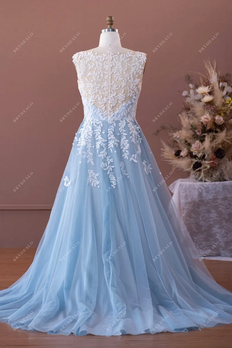 Plus Size Beaded Lace Designer Dusty Blue Tulle Wedding Ball Gown