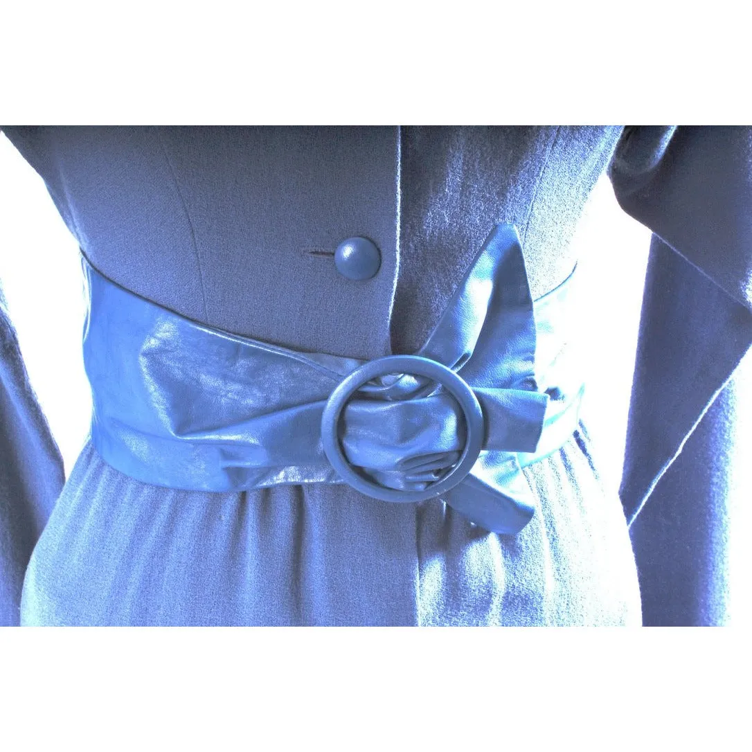 RARE Vintage Emanuel London Collection Dress Blue Wool/Leather Belt/Collar Sz Small