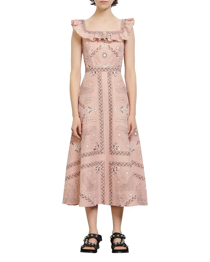 Sandro Gale Ruffle-trimmed Printed Linen And Cotton-blend Midi Dress In Pink