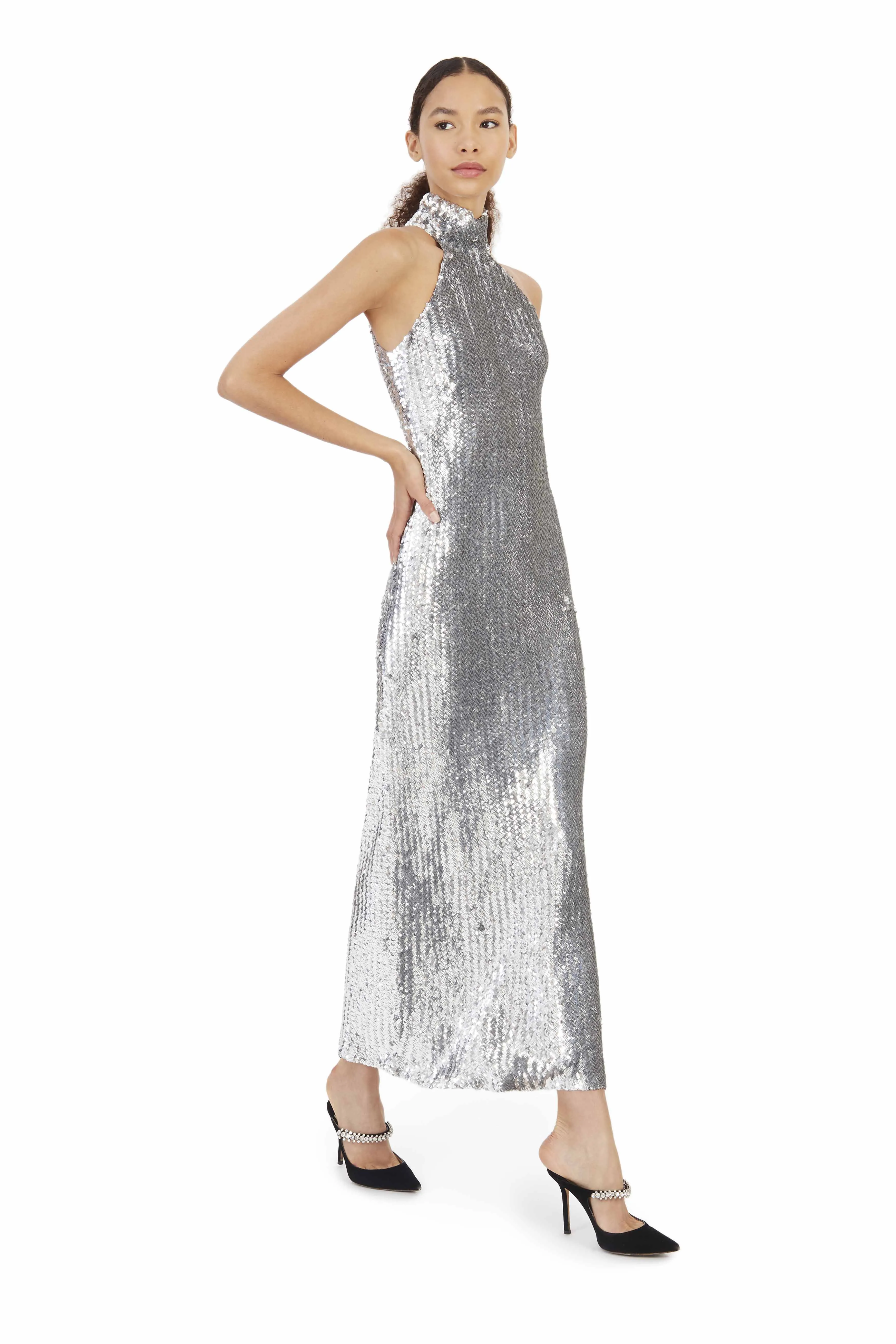 Silver Sequin Mermaid Halter Dress