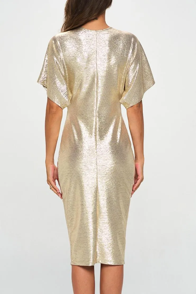 Simone Gold Foil Kimono Sleeved Cocktail Dress