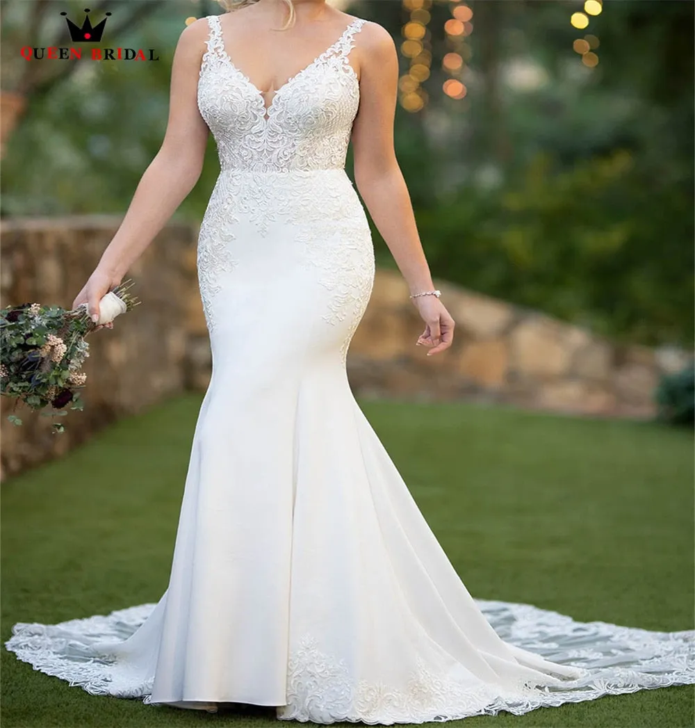 Simple Wedding Dresses Mermaid V-neck Open Back Satin Tulle Lace Appliques Elegant Sexy Bride Dress Custom Made DE47