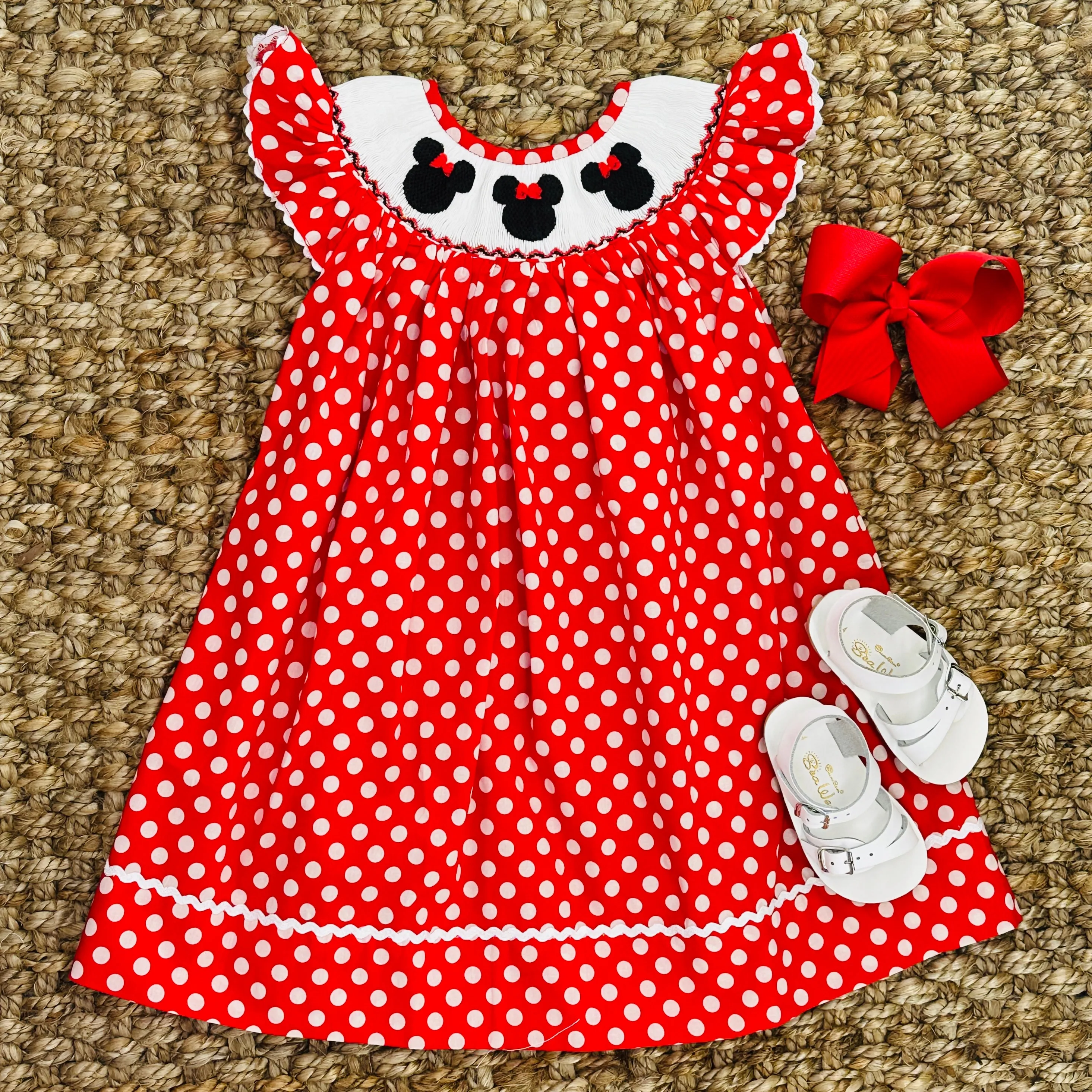 Smocked Mouse Ears Bishop Dress in Red Polka Dot