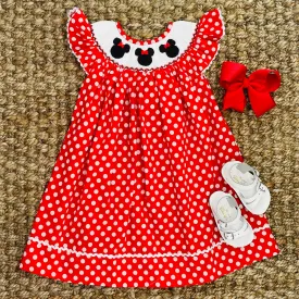 Smocked Mouse Ears Bishop Dress in Red Polka Dot