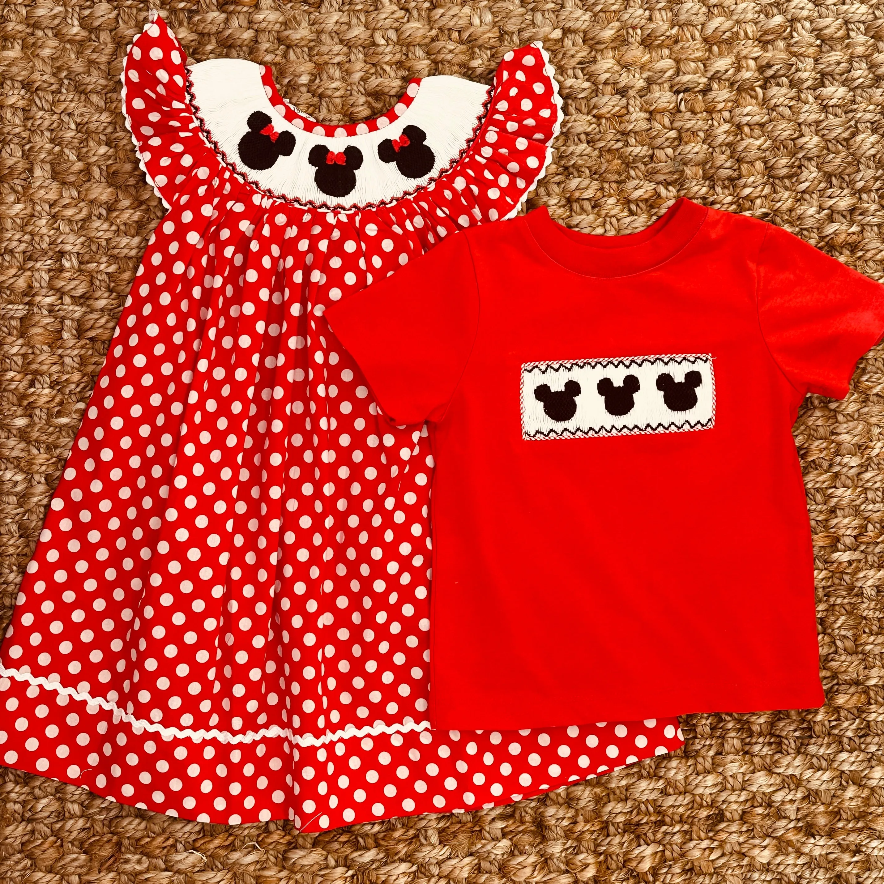 Smocked Mouse Ears Bishop Dress in Red Polka Dot