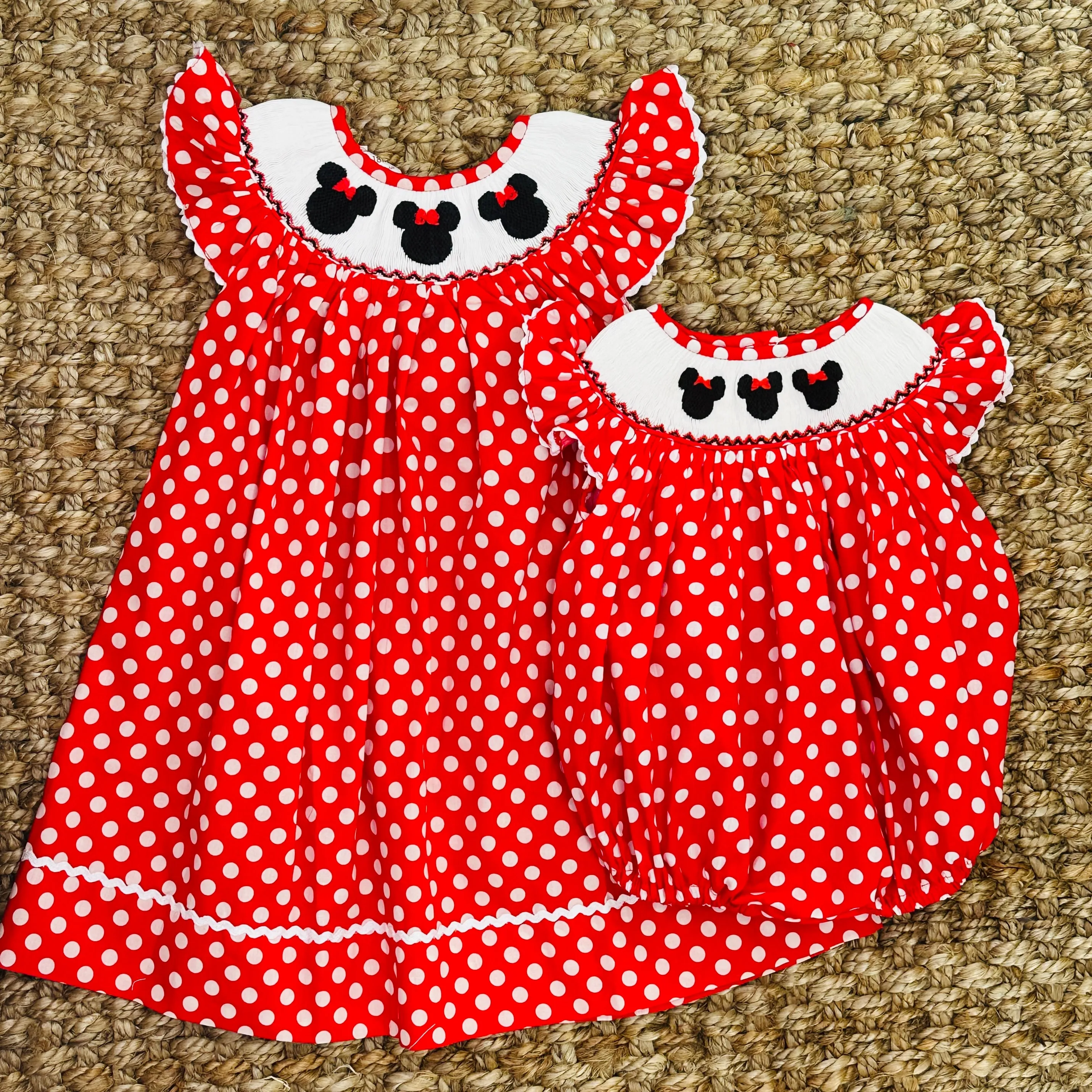 Smocked Mouse Ears Bishop Dress in Red Polka Dot