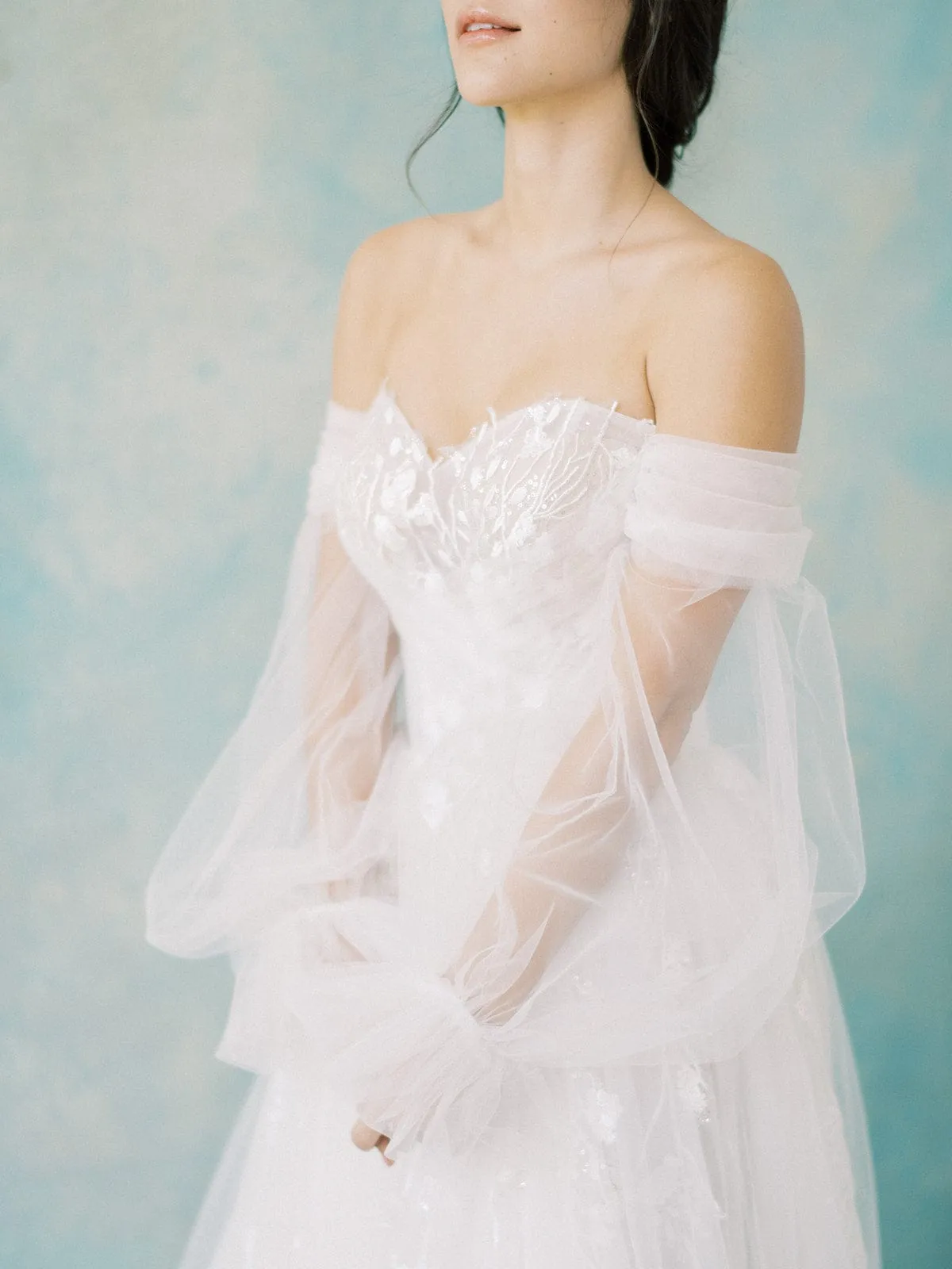 Tulle - A-Line Sweetheart Neckline Wedding Dress Lantern Puffy Sleeves, White