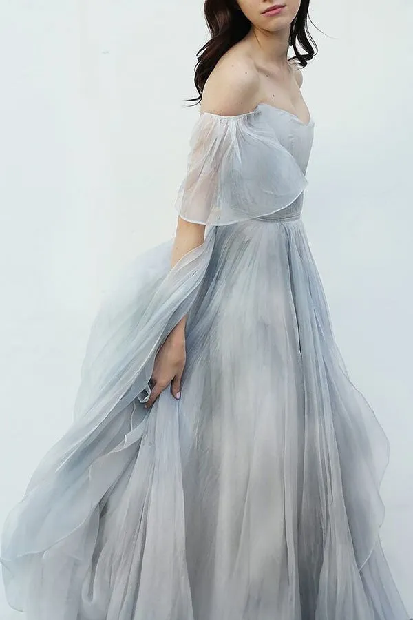 Unique Grey Blue Off-the-Shoulder Long Prom Dresses,Garden Wedding Dresses