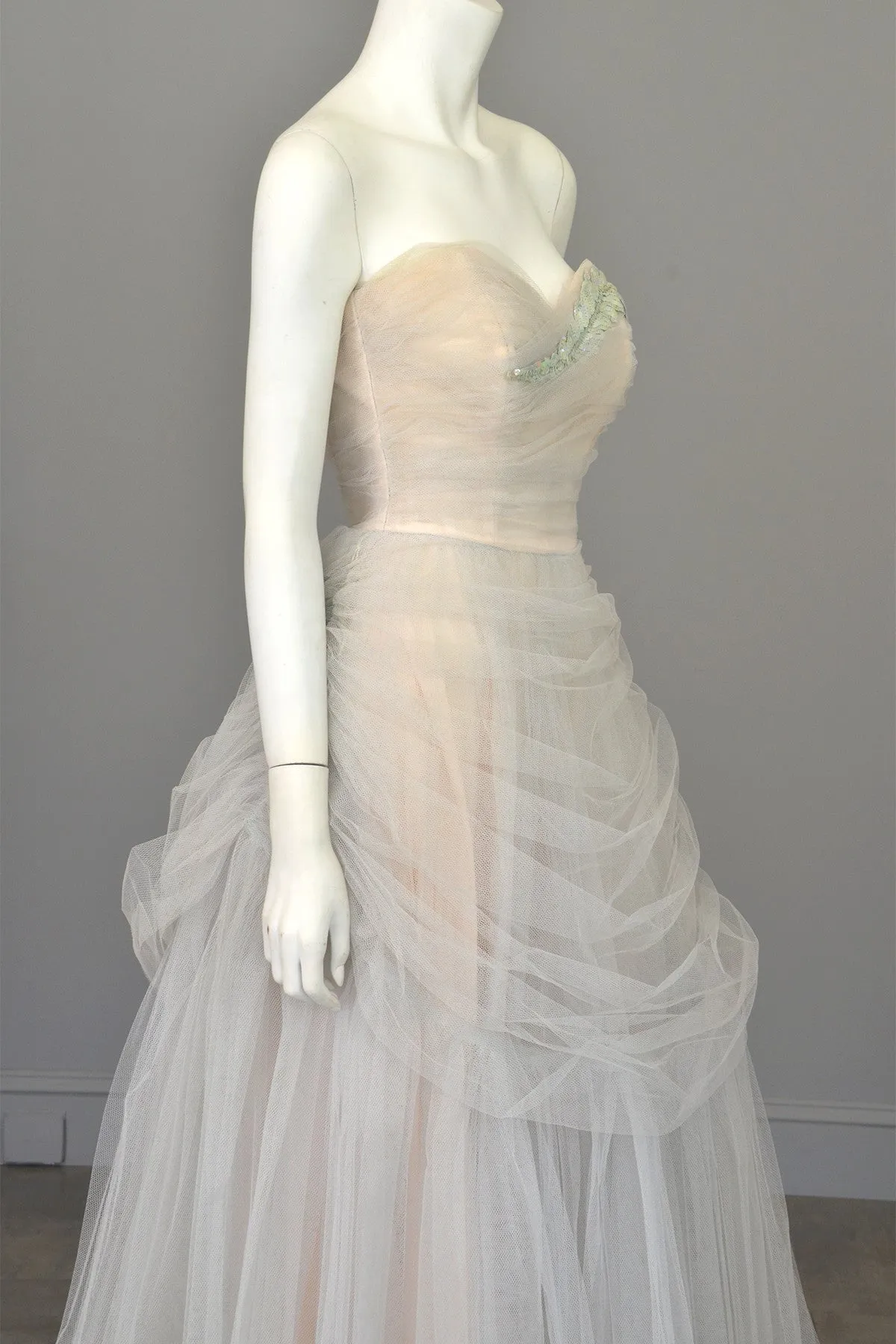 Vintage 1950s Tulle Draped Sequin Leaf Vintage Prom Dress Wedding Dress