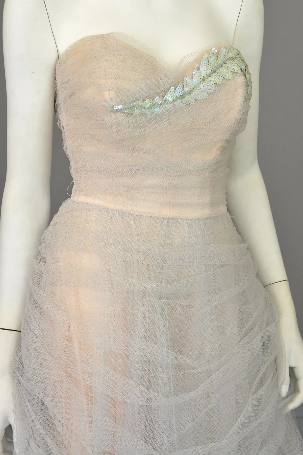 Vintage 1950s Tulle Draped Sequin Leaf Vintage Prom Dress Wedding Dress