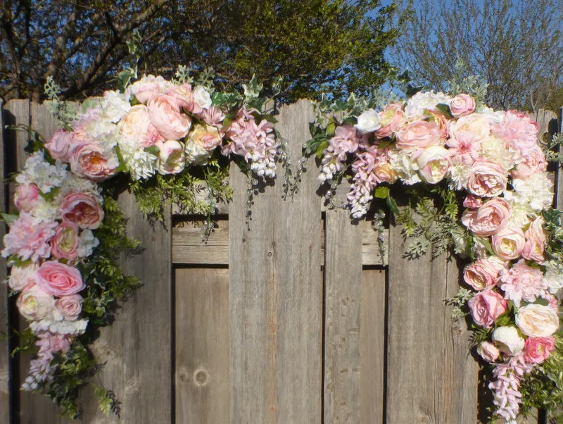 Wedding Arbor Flowers, Arch Corner Swags, Pink and white Rose arbor, Wedding decorations