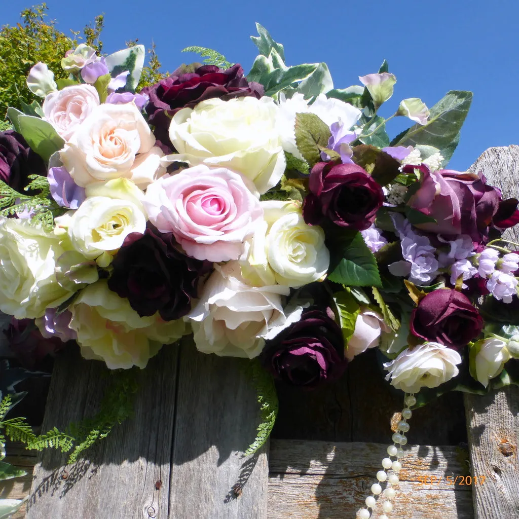 Wedding Arch Flowers, Plum, Pink, Lavender and Ivory Rose Arbor swag