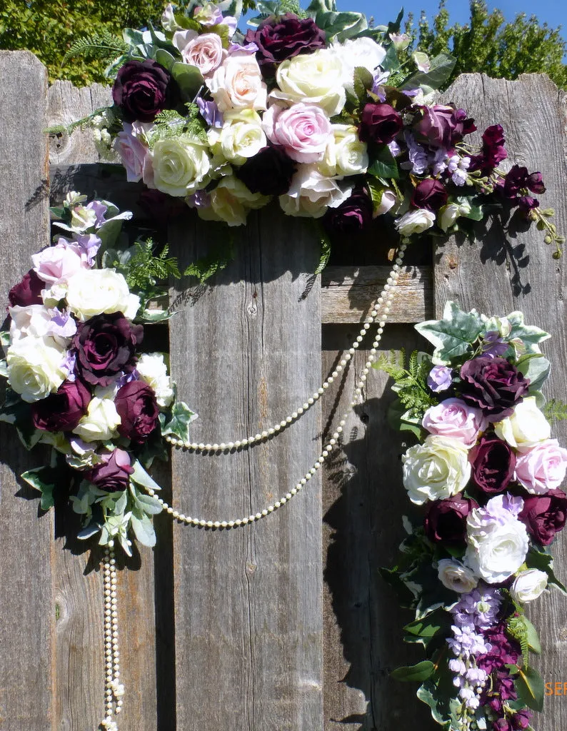 Wedding Arch Flowers, Plum, Pink, Lavender and Ivory Rose Arbor swag