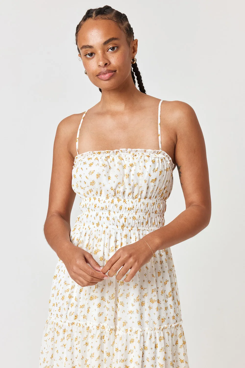 White Yellow Floral Emma Tier Midi Dress