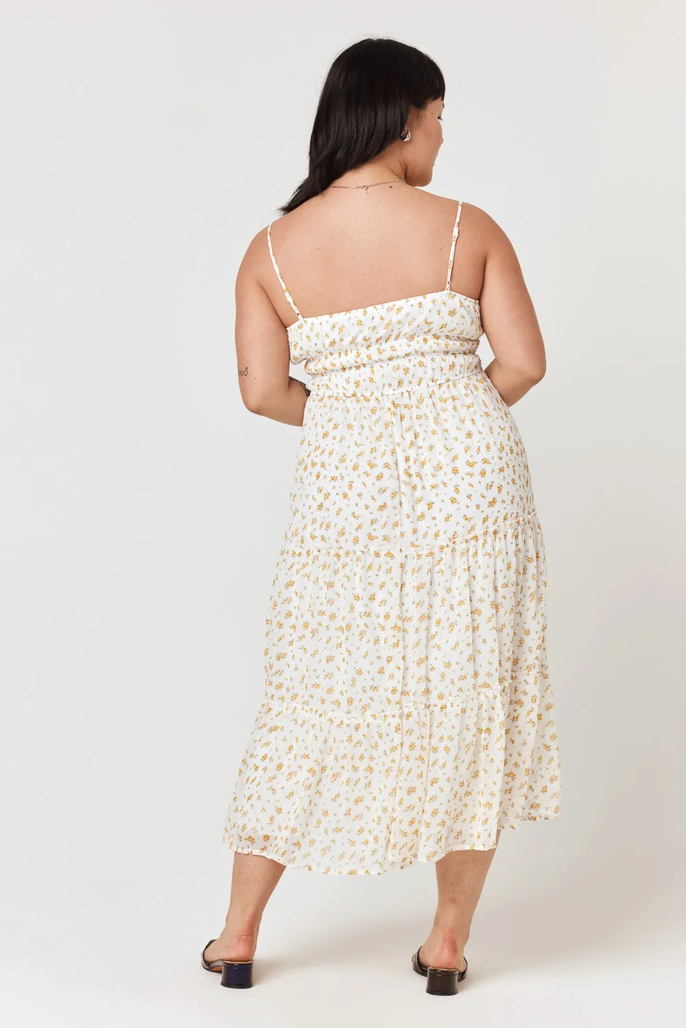 White Yellow Floral Emma Tier Midi Dress