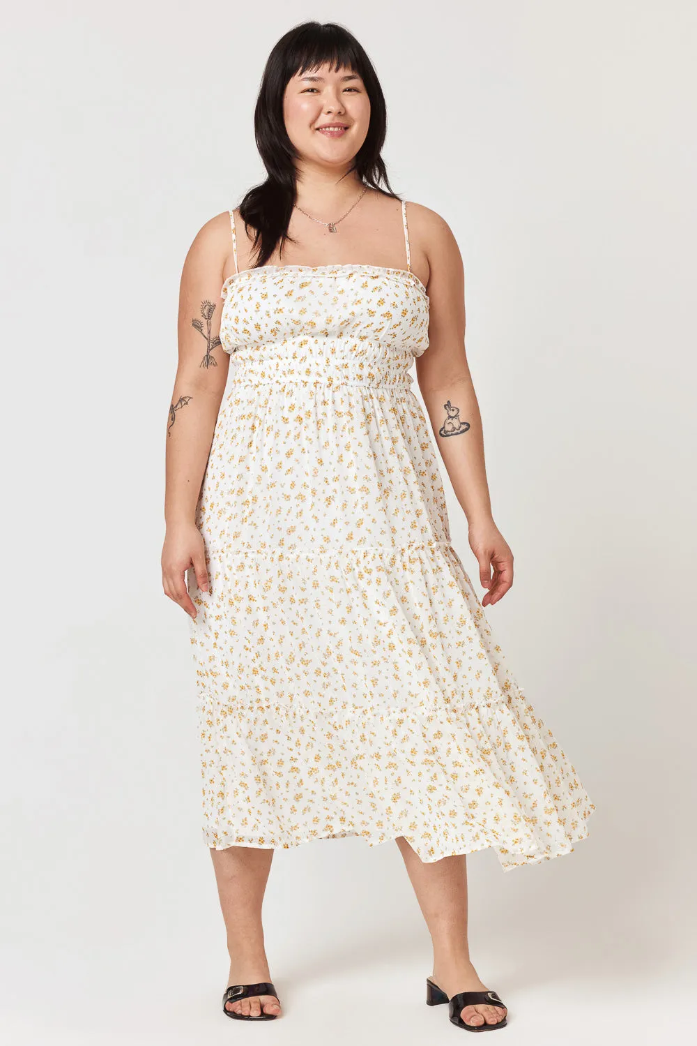 White Yellow Floral Emma Tier Midi Dress