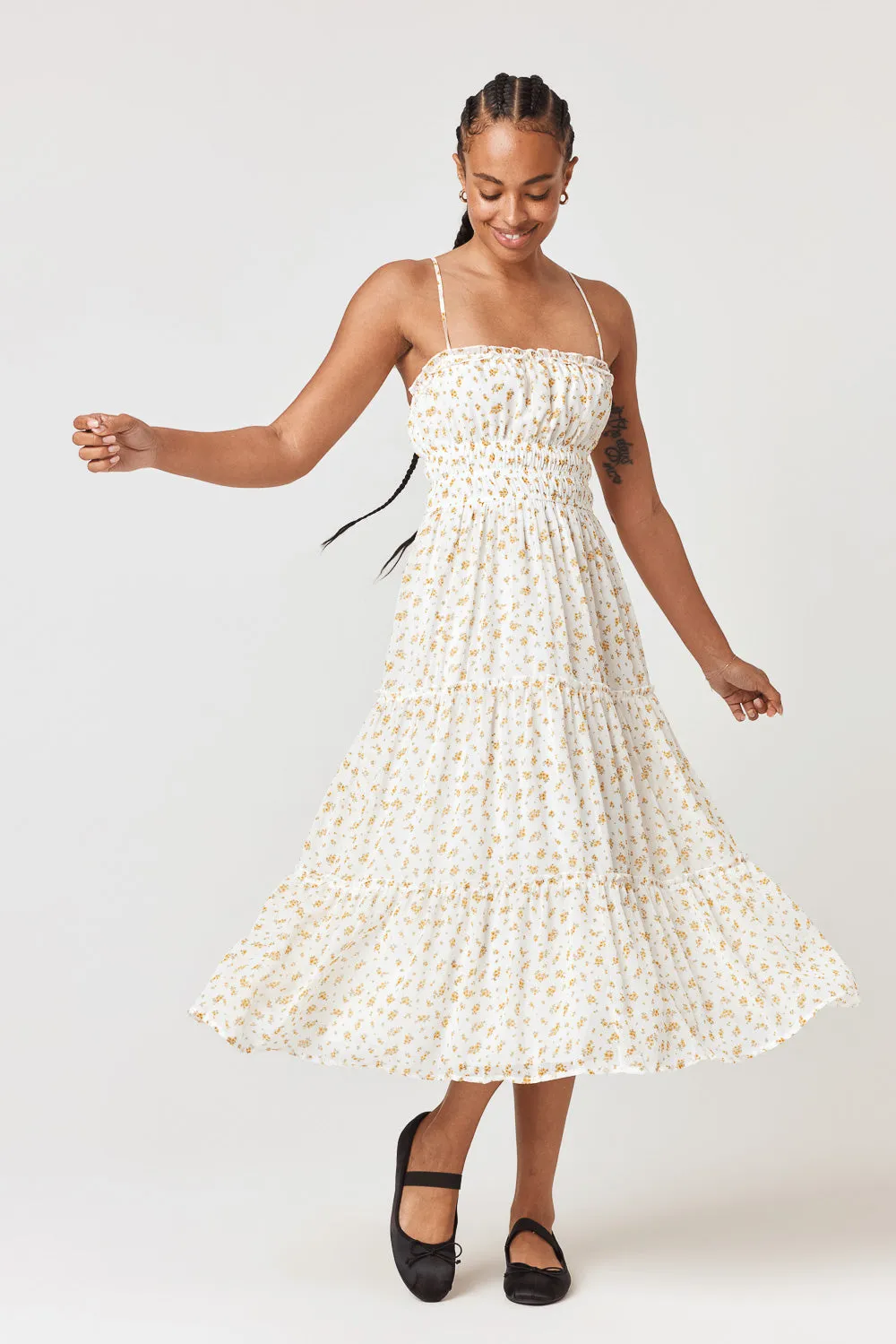 White Yellow Floral Emma Tier Midi Dress