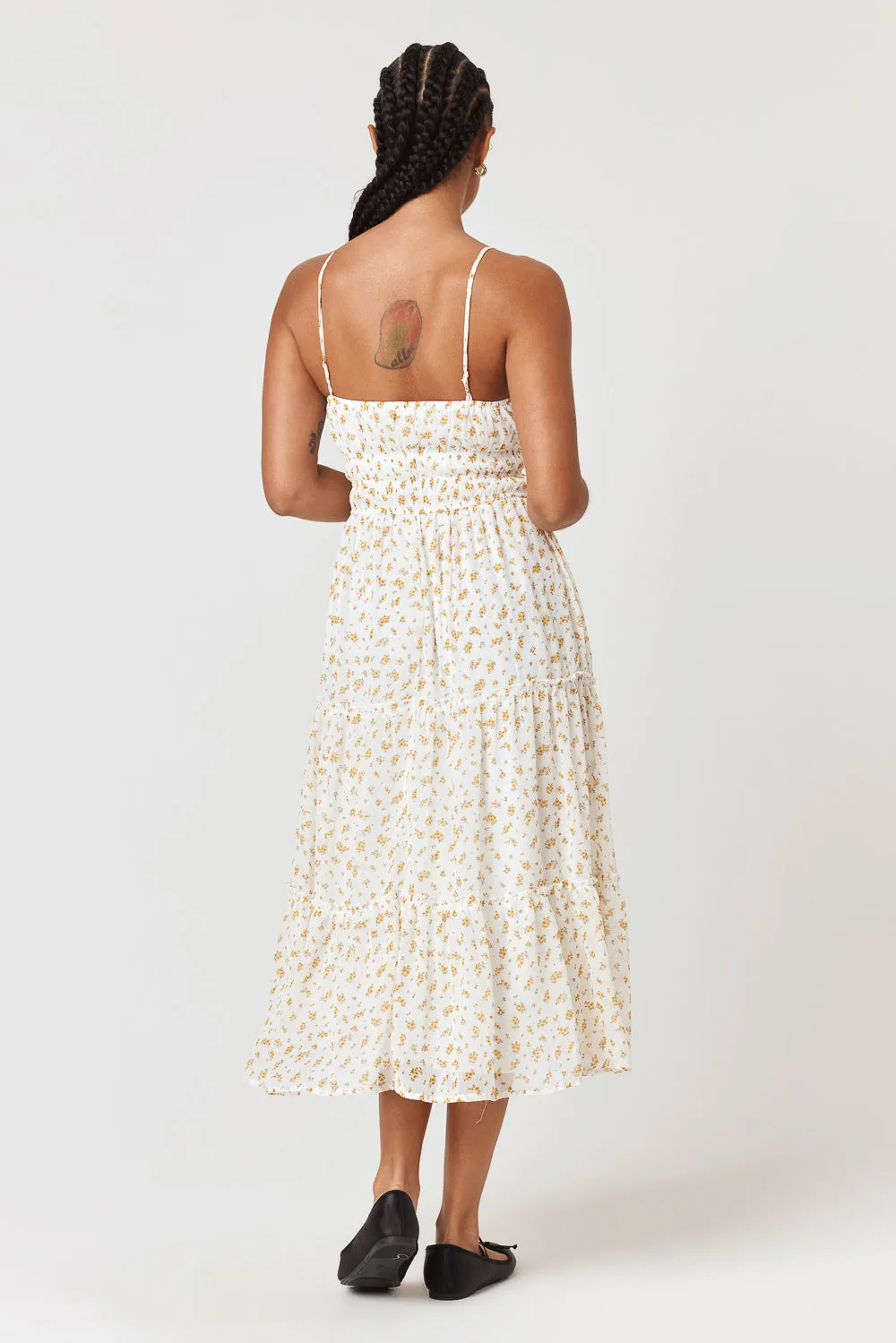 White Yellow Floral Emma Tier Midi Dress