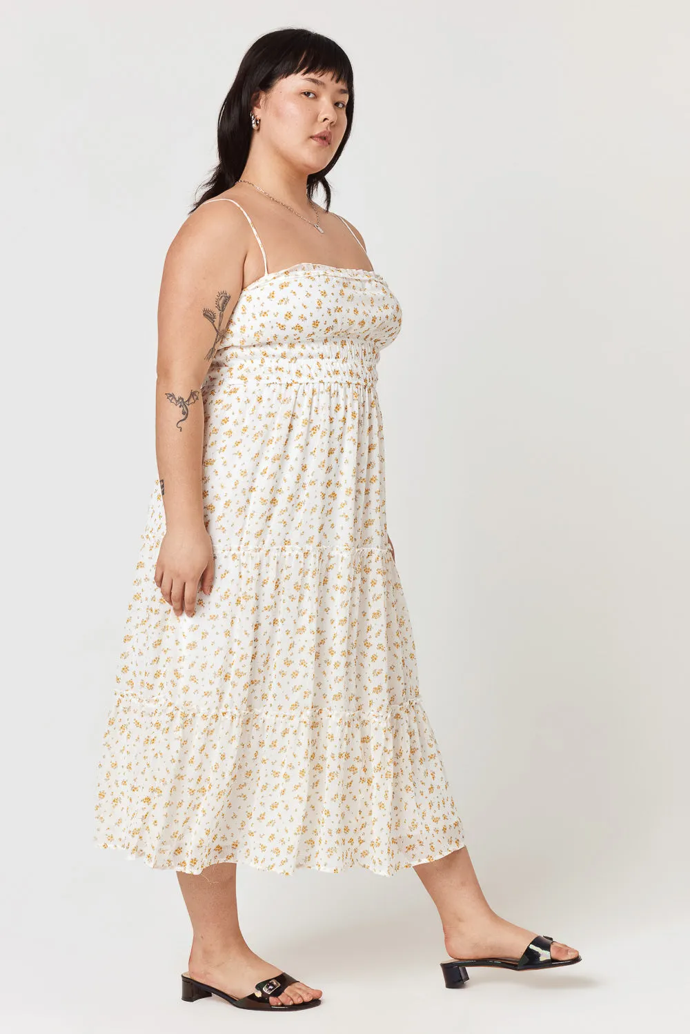 White Yellow Floral Emma Tier Midi Dress