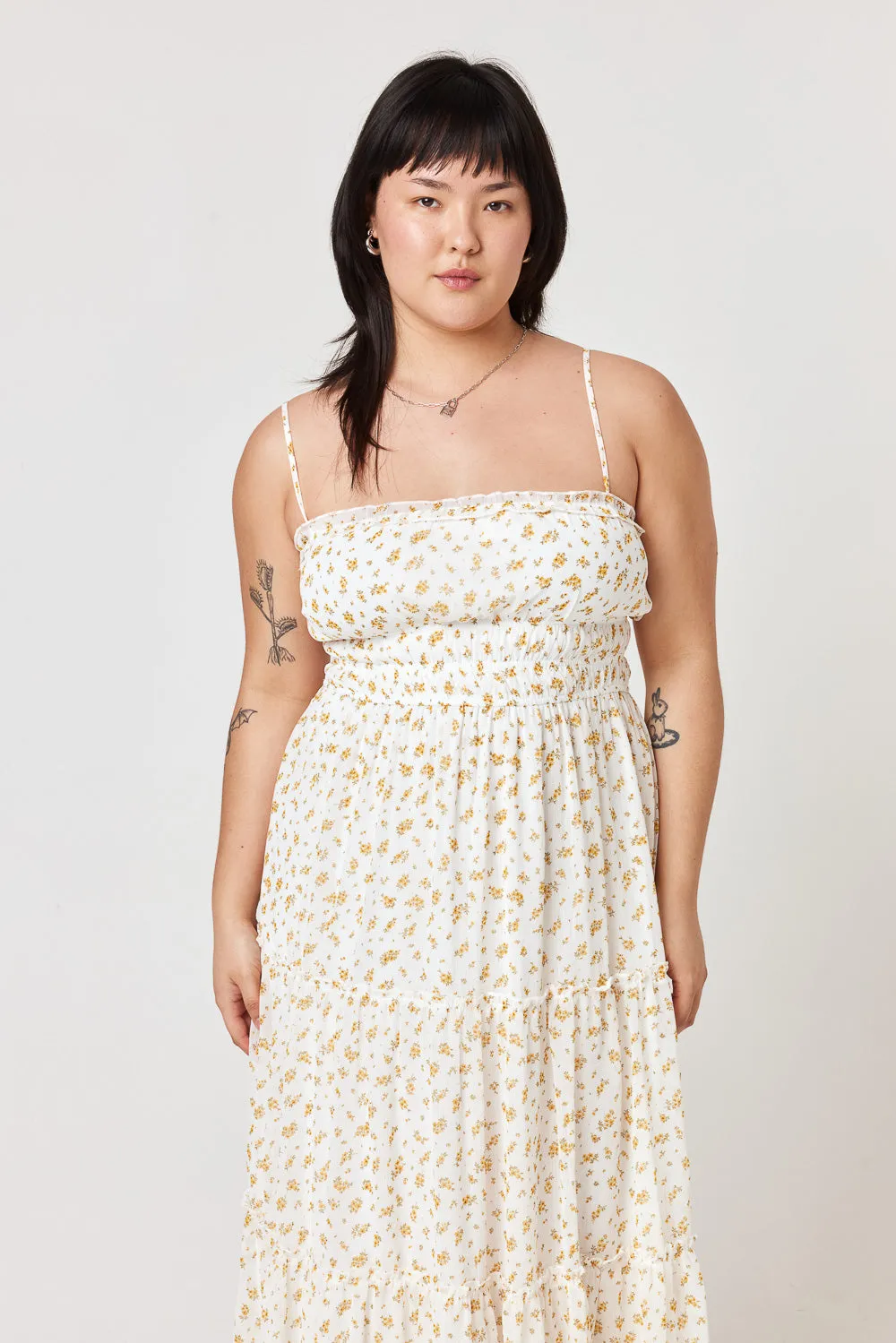 White Yellow Floral Emma Tier Midi Dress