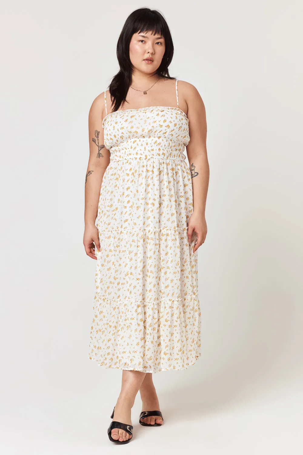 White Yellow Floral Emma Tier Midi Dress