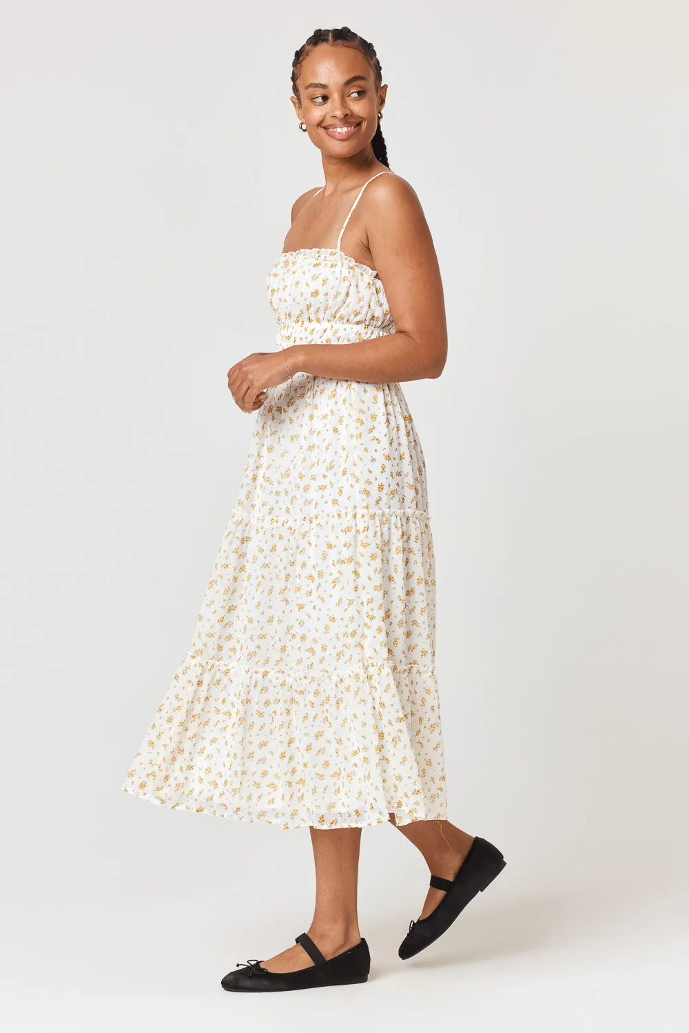 White Yellow Floral Emma Tier Midi Dress